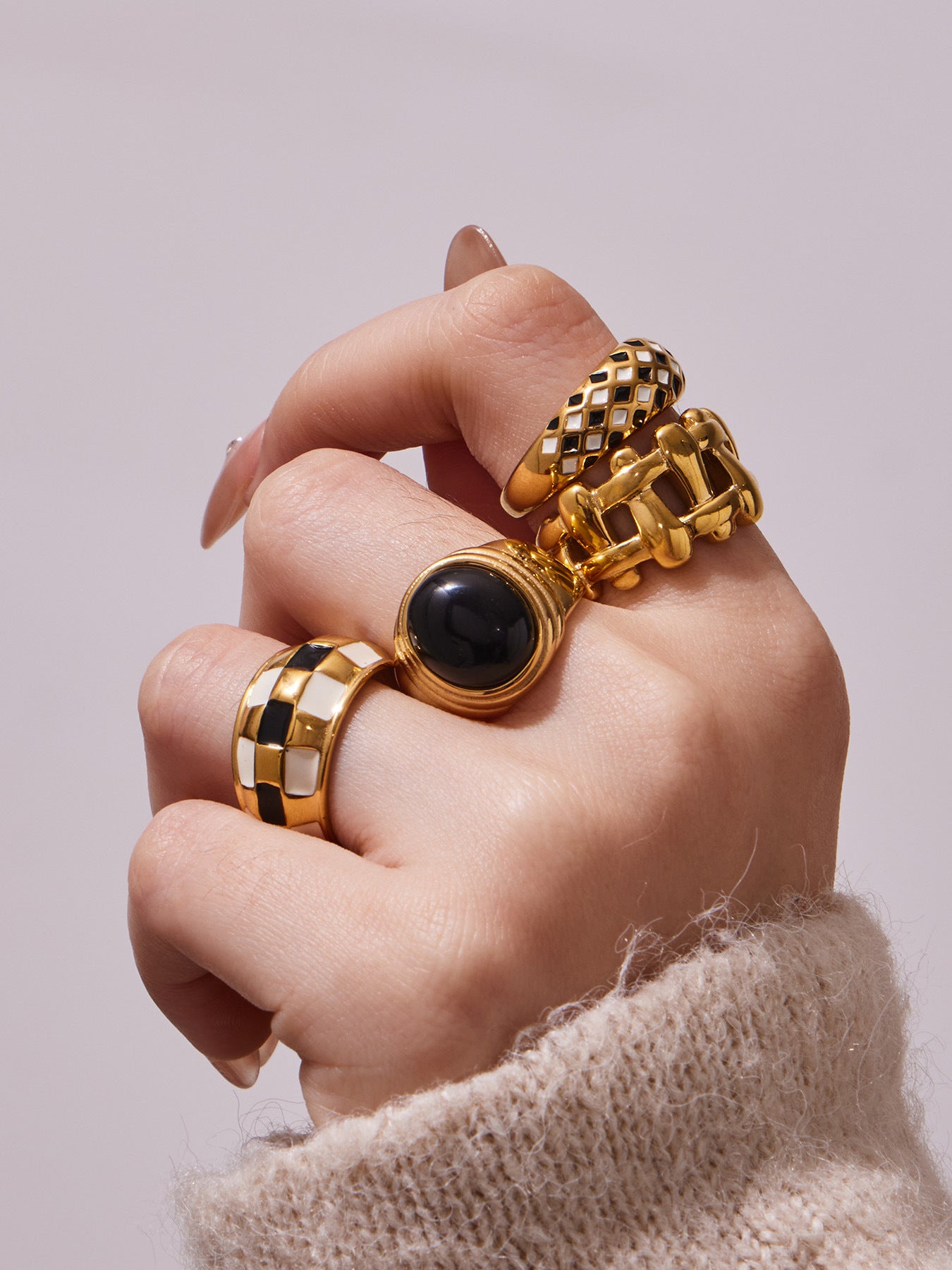 316L Stainless Steel Vintage Checkerboard Enamel Open Ring - Image 9