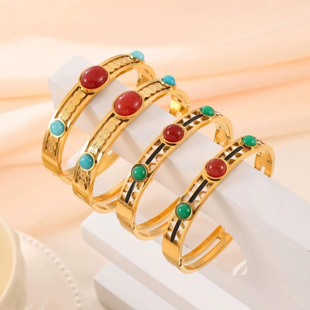 316L Stainless Steel Vintage Enamel Inlaid Stone Wide Cuff Bangle - Image 1