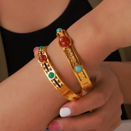 316L Stainless Steel Vintage Enamel Inlaid Stone Wide Cuff Bangle - Image 2