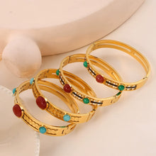 316L Stainless Steel Vintage Enamel Inlaid Stone Wide Cuff Bangle - Image 3