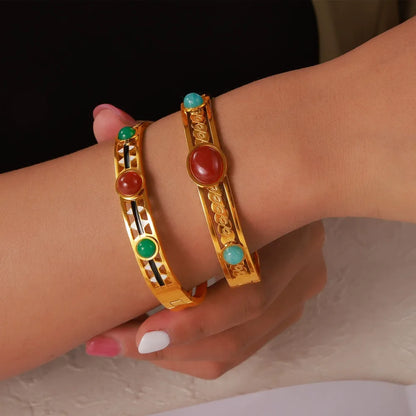 316L Stainless Steel Vintage Enamel Inlaid Stone Wide Cuff Bangle - Image 4