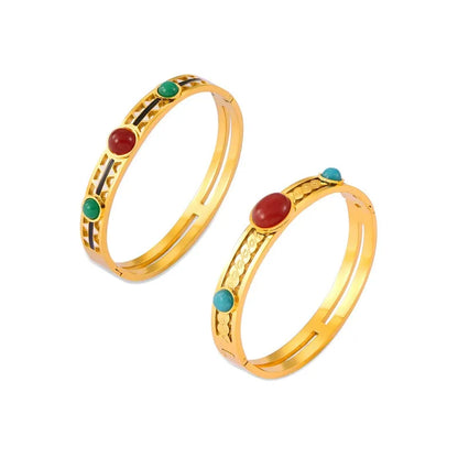 316L Stainless Steel Vintage Enamel Inlaid Stone Wide Cuff Bangle - Image 5