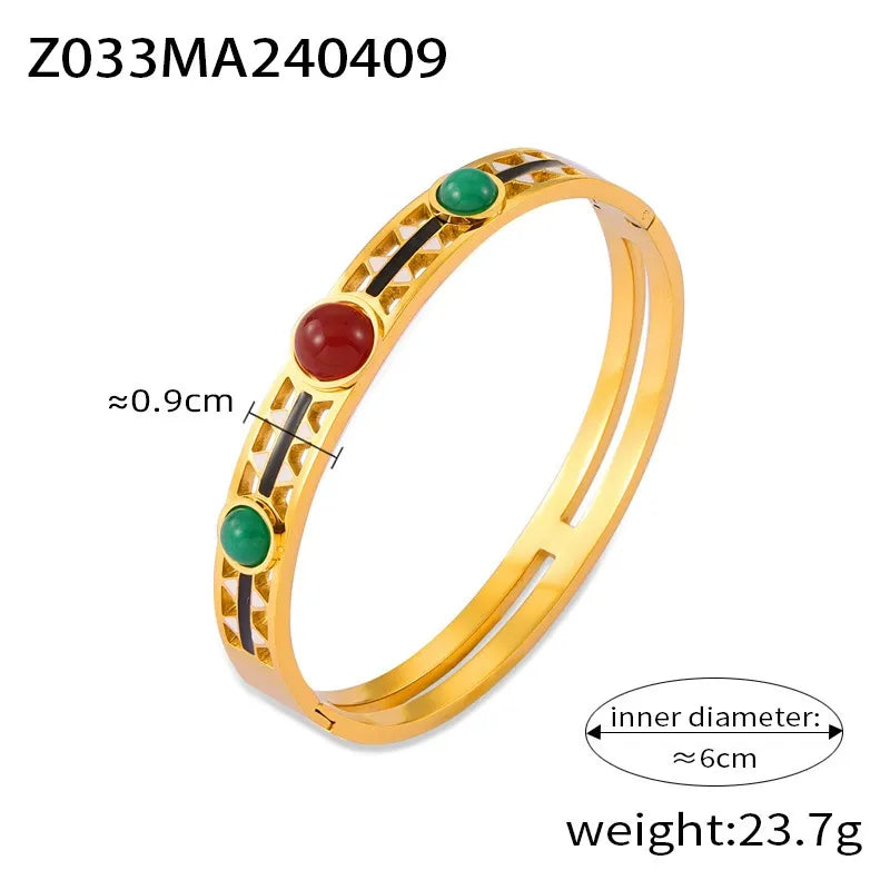 316L Stainless Steel Vintage Enamel Inlaid Stone Wide Cuff Bangle - Image 7