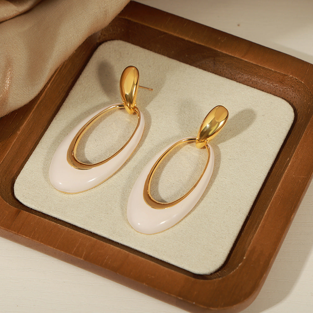 316L Stainless Steel Vintage French Style Geometric Enamel Oval Drop Earrings - Image 1