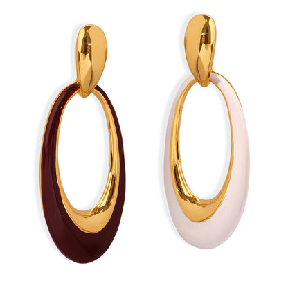 316L Stainless Steel Vintage French Style Geometric Enamel Oval Drop Earrings - Image 4
