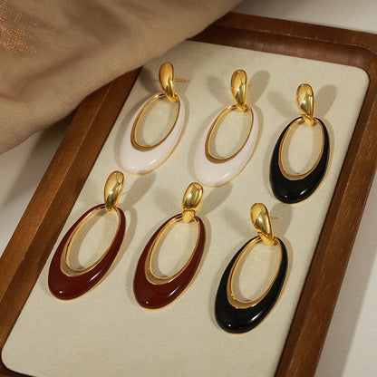 316L Stainless Steel Vintage French Style Geometric Enamel Oval Drop Earrings - Image 5