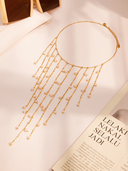 316L Stainless Steel Vintage Freshwater Pearl Tassel Collarbone Necklace - Image 11