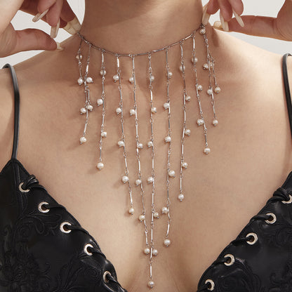 316L Stainless Steel Vintage Freshwater Pearl Tassel Collarbone Necklace - Image 15