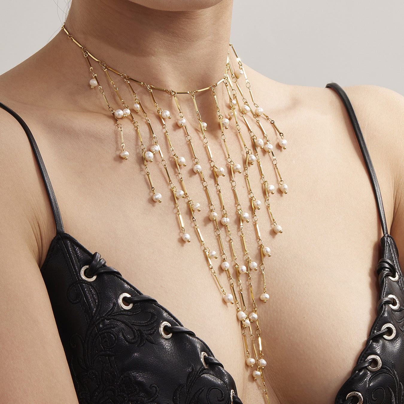 316L Stainless Steel Vintage Freshwater Pearl Tassel Collarbone Necklace - Image 9