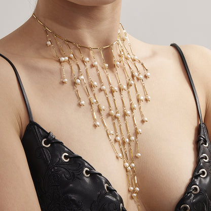 316L Stainless Steel Vintage Freshwater Pearl Tassel Collarbone Necklace - Image 9