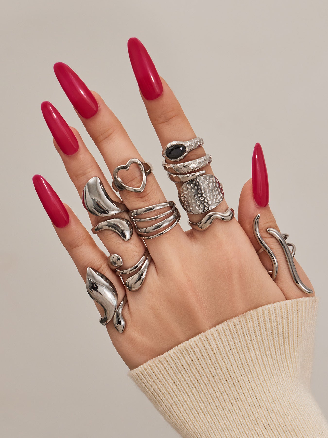 316L Stainless Steel Vintage Geometric Open Index Finger Ring Set - Image 2