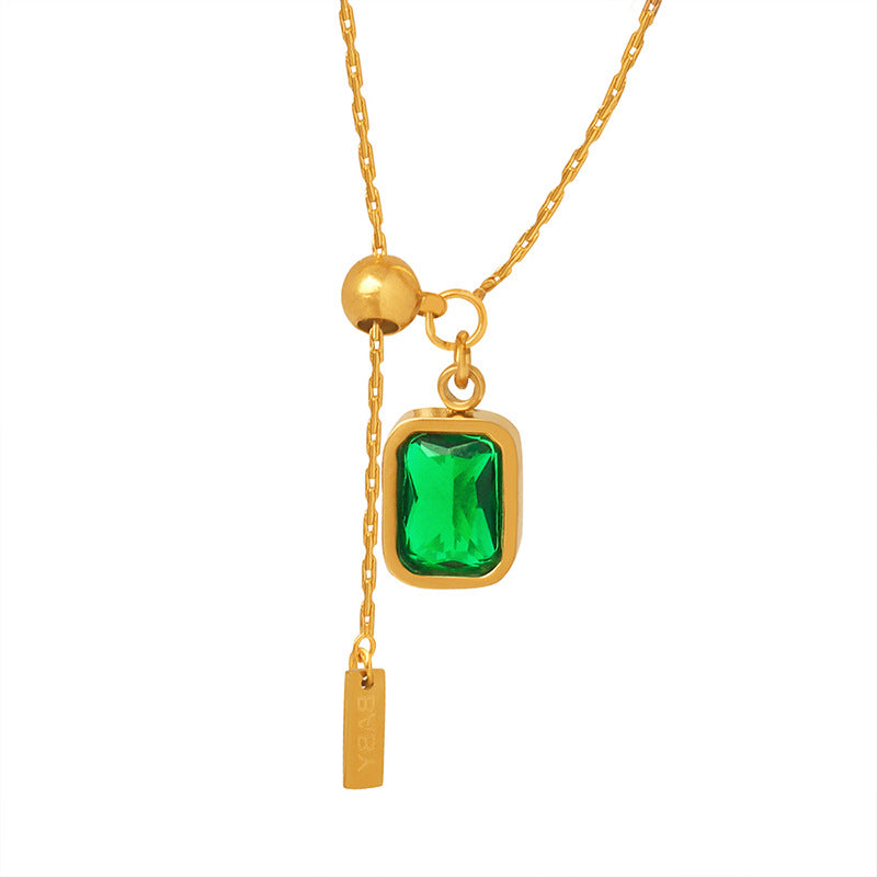 316L Stainless Steel Vintage Green Zircon Tassel Square Tag Necklace - Image 1