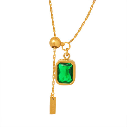 316L Stainless Steel Vintage Green Zircon Tassel Square Tag Necklace - Image 1