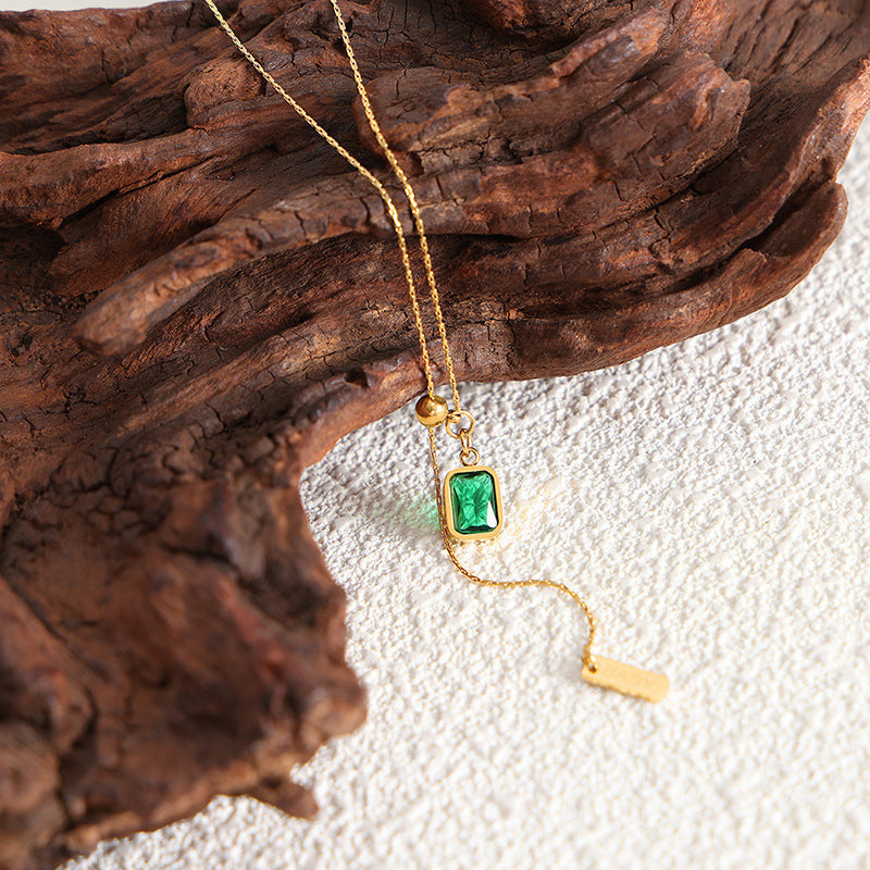 316L Stainless Steel Vintage Green Zircon Tassel Square Tag Necklace - Image 2