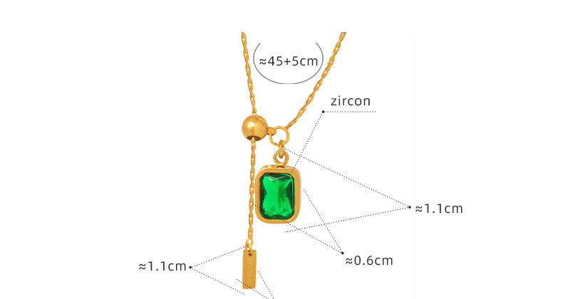 316L Stainless Steel Vintage Green Zircon Tassel Square Tag Necklace - Image 4