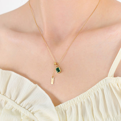 316L Stainless Steel Vintage Green Zircon Tassel Square Tag Necklace - Image 5