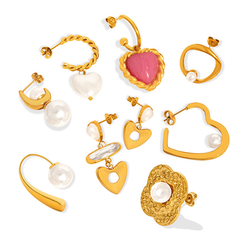 316L stainless steel vintage heart pearl drop earrings collection in 18K gold PVD plating, waterproof hypoallergenic fashion jewelry for women
