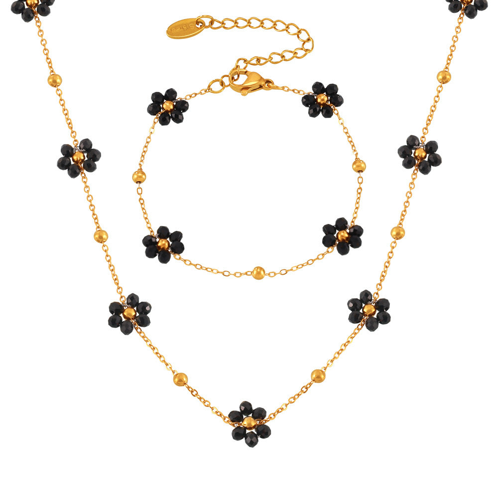 316L Stainless Steel Vintage Minimalist Natural Stone Beaded Flower Jewelry Set - Image 3