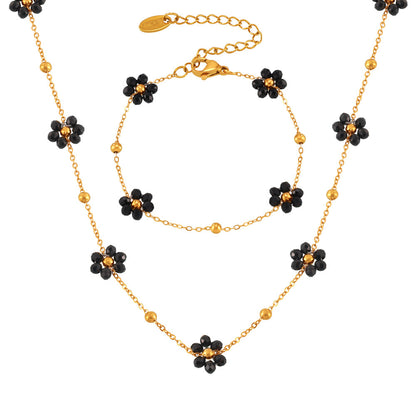 316L Stainless Steel Vintage Minimalist Natural Stone Beaded Flower Jewelry Set - Image 3