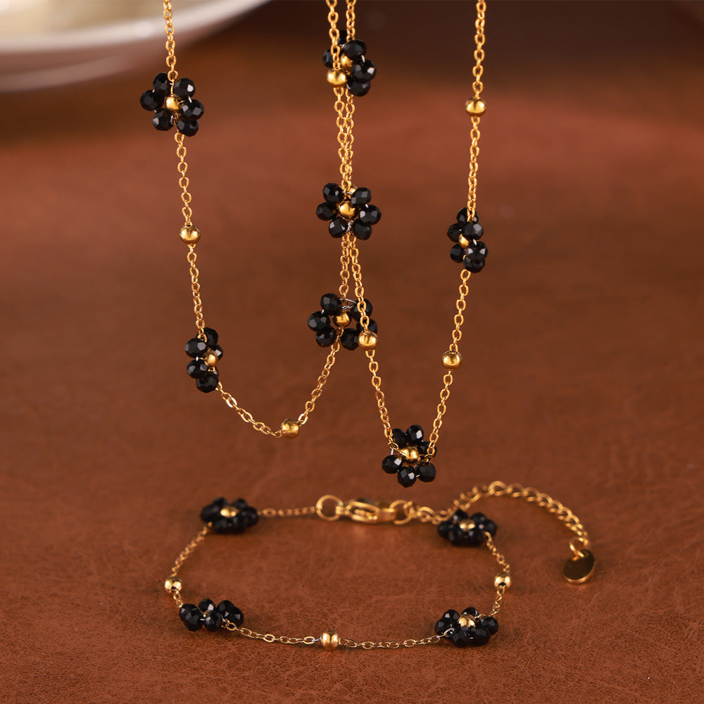 316L Stainless Steel Vintage Minimalist Natural Stone Beaded Flower Jewelry Set - Image 4