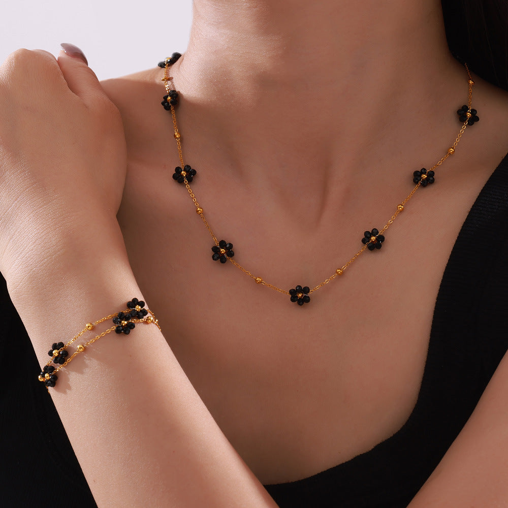 316L Stainless Steel Vintage Minimalist Natural Stone Beaded Flower Jewelry Set - Image 5
