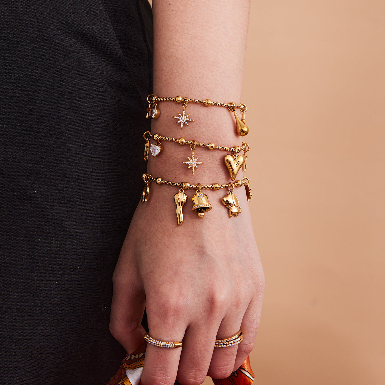 316L Stainless Steel Vintage Multi-Charm Heart & Star Bracelet Set - Image 1