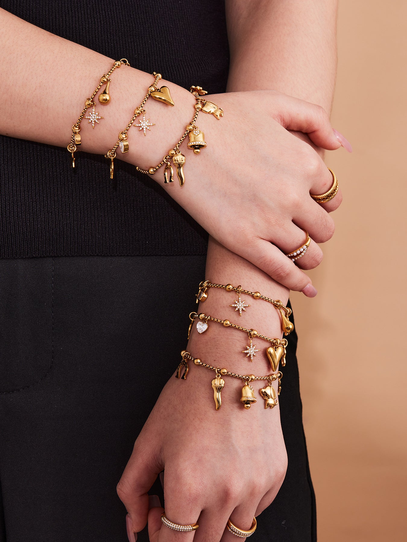 316L Stainless Steel Vintage Multi-Charm Heart & Star Bracelet Set - Image 12