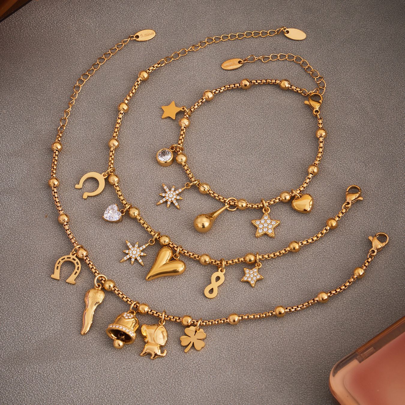 316L Stainless Steel Vintage Multi-Charm Heart & Star Bracelet Set - Image 4