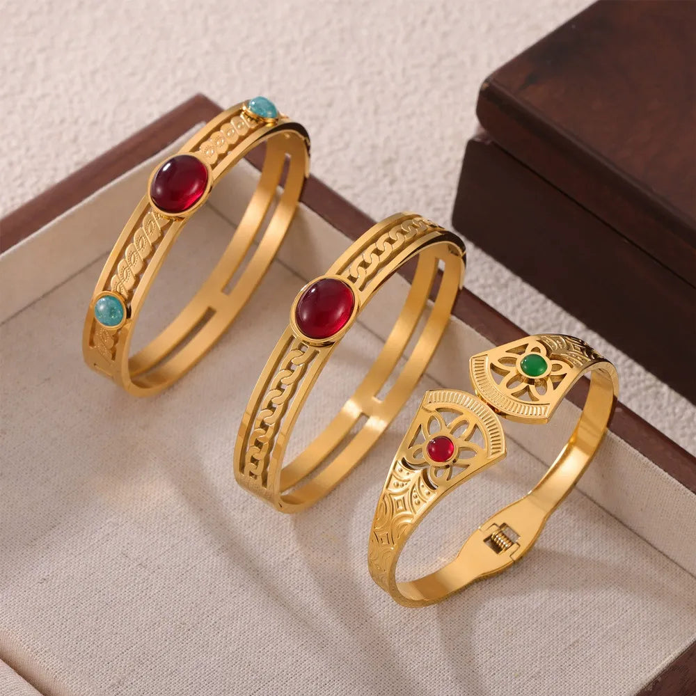 316L Stainless Steel Vintage Natural Stone Openwork Bangle - Image 1