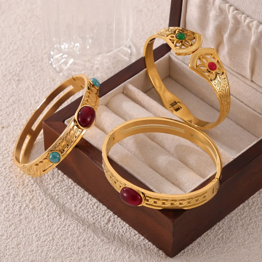 316L Stainless Steel Vintage Natural Stone Openwork Bangle - Image 3