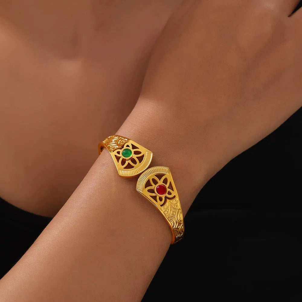 316L Stainless Steel Vintage Natural Stone Openwork Bangle - Image 4