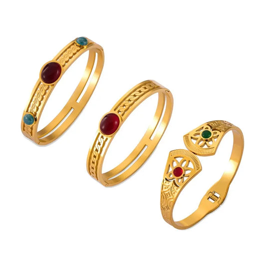 316L Stainless Steel Vintage Natural Stone Openwork Bangle - Image 5