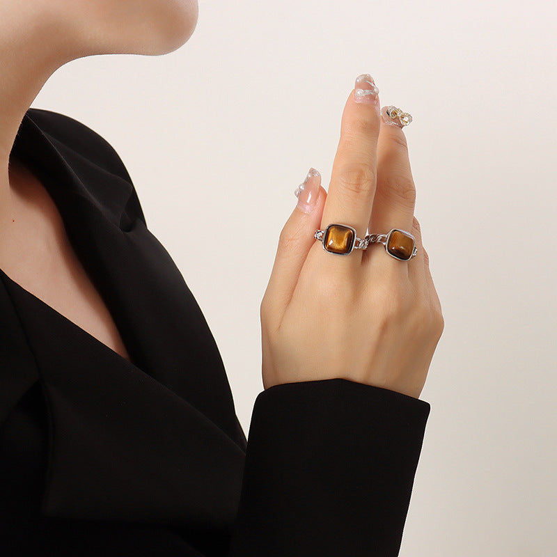 316L Stainless Steel Vintage Natural Stone Tiger Eye Inlaid Geometric Open Ring - Image 1