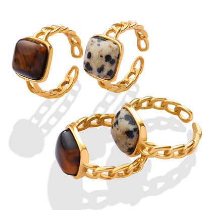 316L Stainless Steel Vintage Natural Stone Tiger Eye Inlaid Geometric Open Ring - Image 3