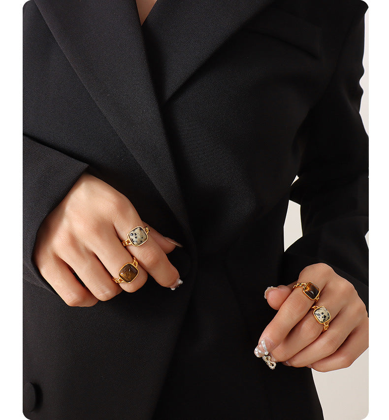 316L Stainless Steel Vintage Natural Stone Tiger Eye Inlaid Geometric Open Ring - Image 4