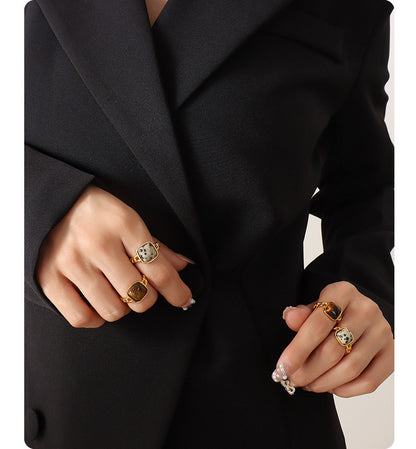 316L Stainless Steel Vintage Natural Stone Tiger Eye Inlaid Geometric Open Ring - Image 4