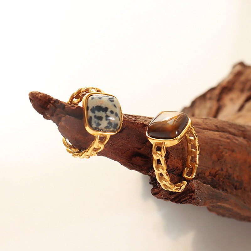316L Stainless Steel Vintage Natural Stone Tiger Eye Inlaid Geometric Open Ring - Image 6
