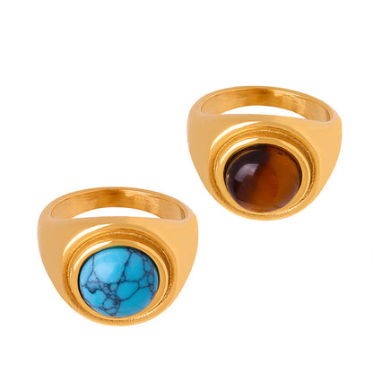 316L Stainless Steel Vintage Natural Stone Tiger's Eye & Blue Turquoise Ring - Image 2