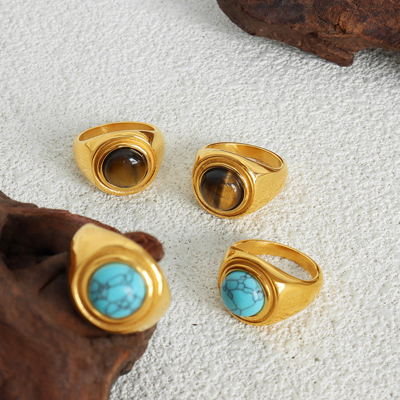 316L Stainless Steel Vintage Natural Stone Tiger's Eye & Blue Turquoise Ring - Image 3