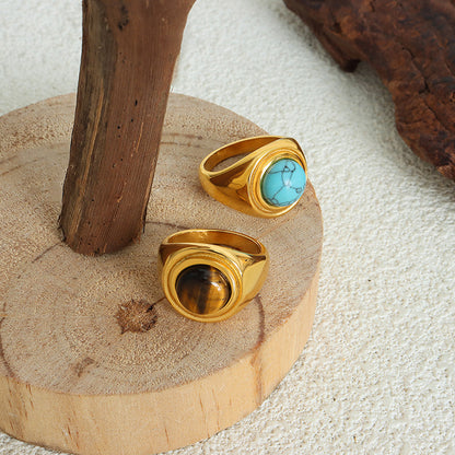 316L Stainless Steel Vintage Natural Stone Tiger's Eye & Blue Turquoise Ring - Image 7