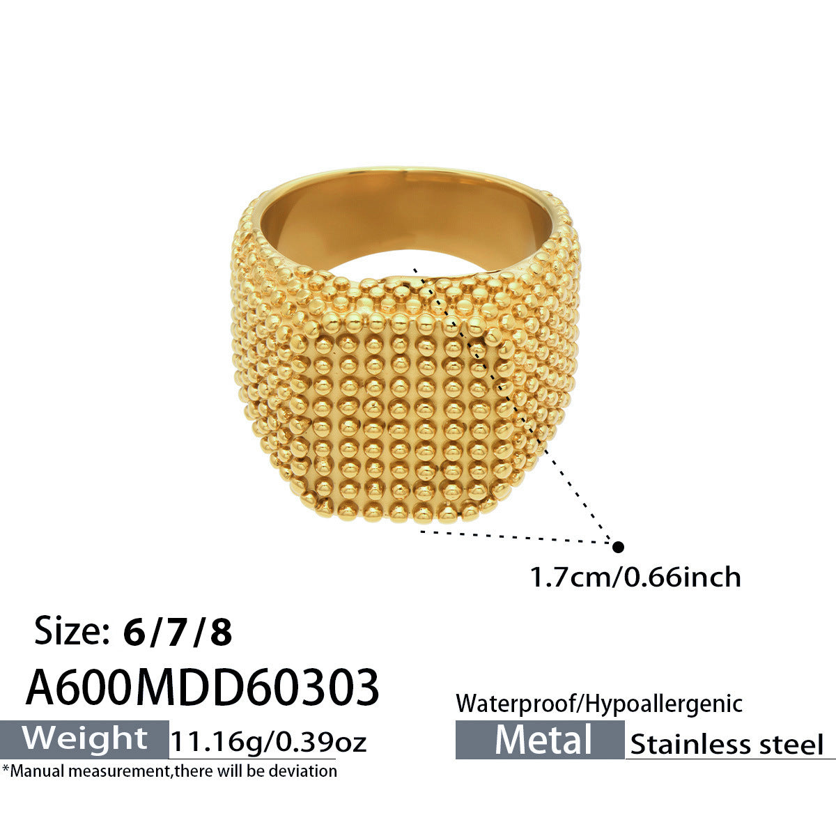 316L Stainless Steel Vintage Square Wide Grain Pattern Ring -  Sensitive Skin Friendly - Detail 22