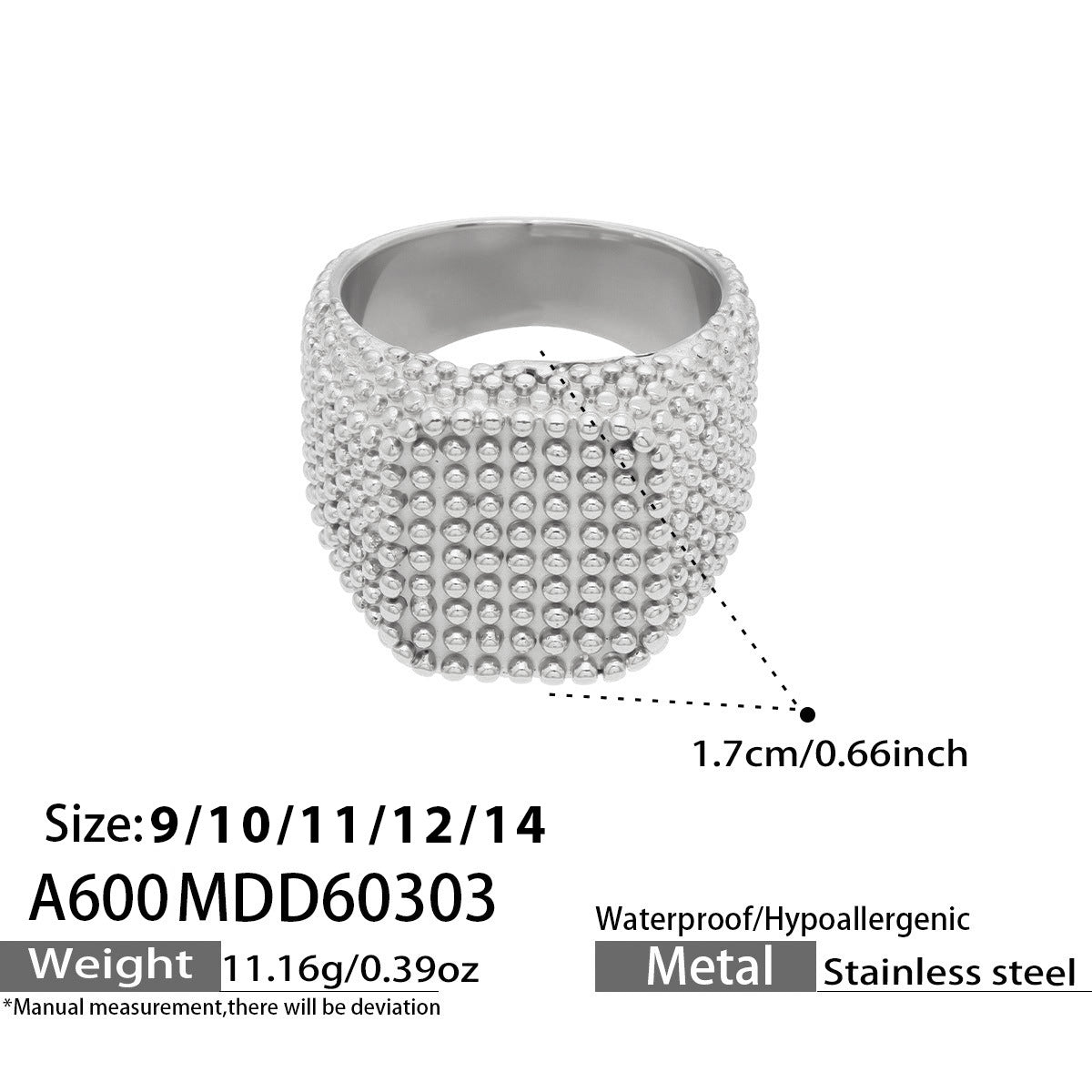 316L Stainless Steel Vintage Square Wide Grain Pattern Ring -  Sensitive Skin Friendly - Detail 4