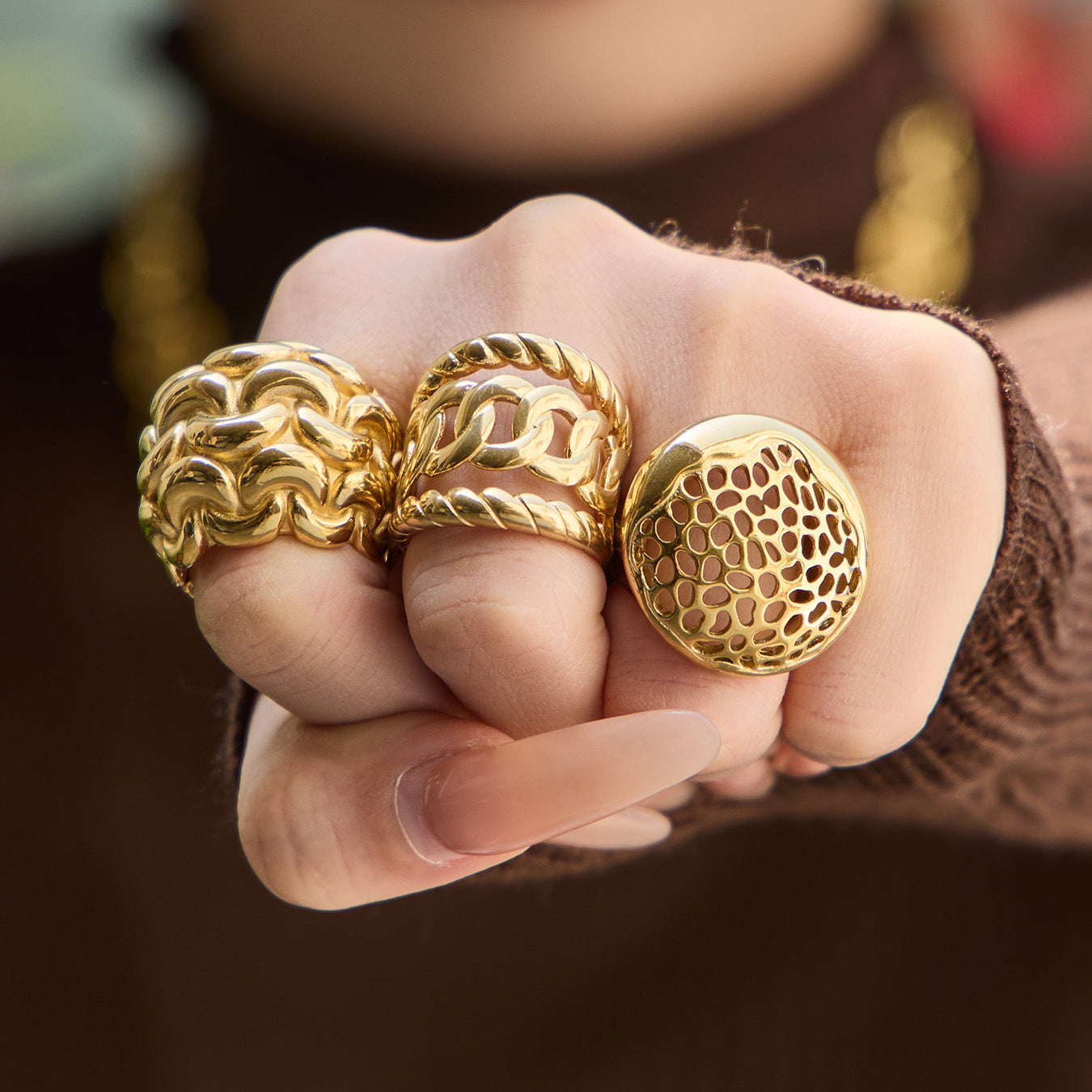 316L Stainless Steel Vintage Woven Hollow 18K Gold Plated Ring -  Sensitive Skin Friendly - Detail 13