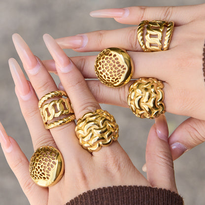316L Stainless Steel Vintage Woven Hollow 18K Gold Plated Ring -  Sensitive Skin Friendly - Detail 6