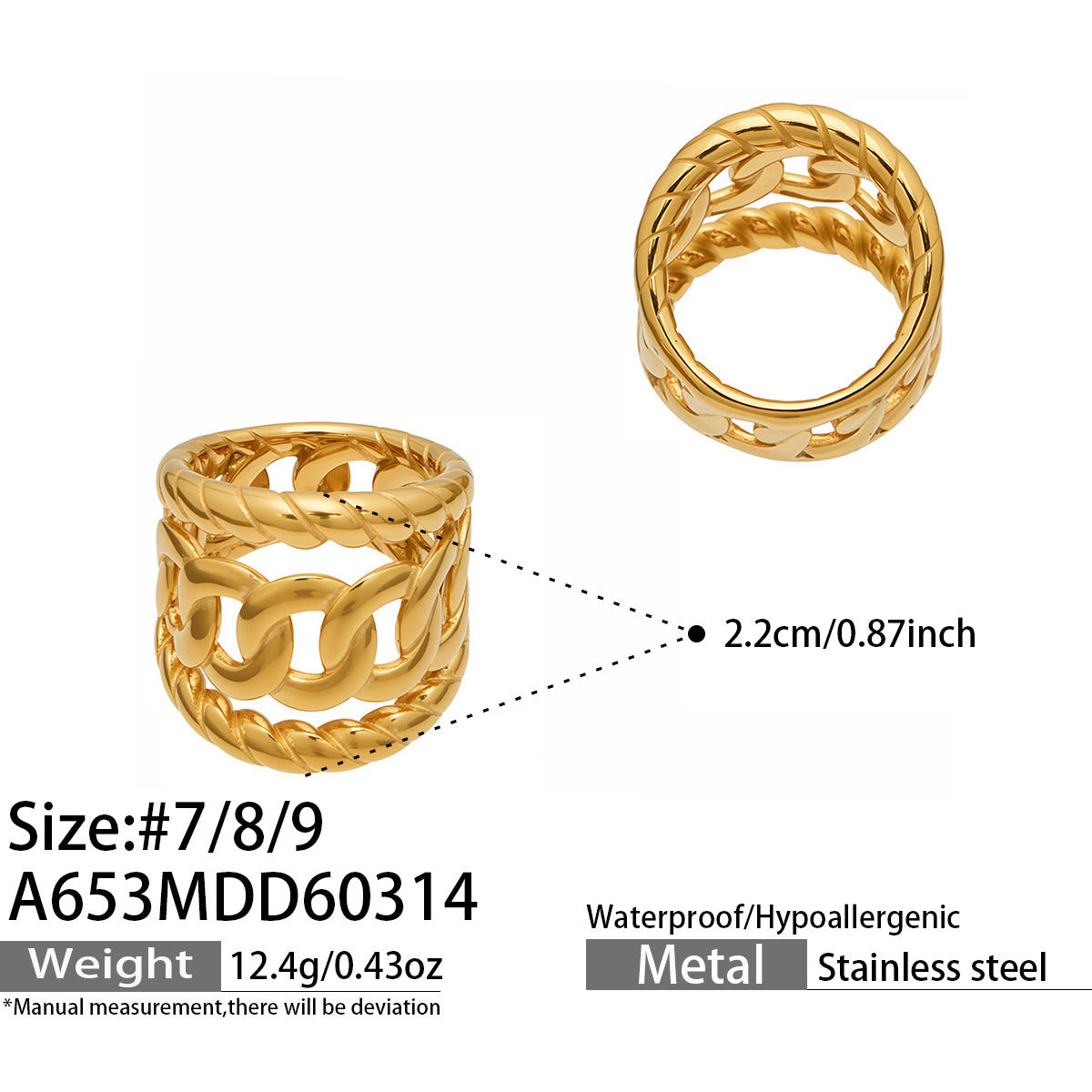 316L Stainless Steel Vintage Woven Hollow 18K Gold Plated Ring -  Sensitive Skin Friendly - Detail 7