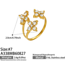 Specification card for 316L stainless steel white clover CZ open ring in 18K PVD gold