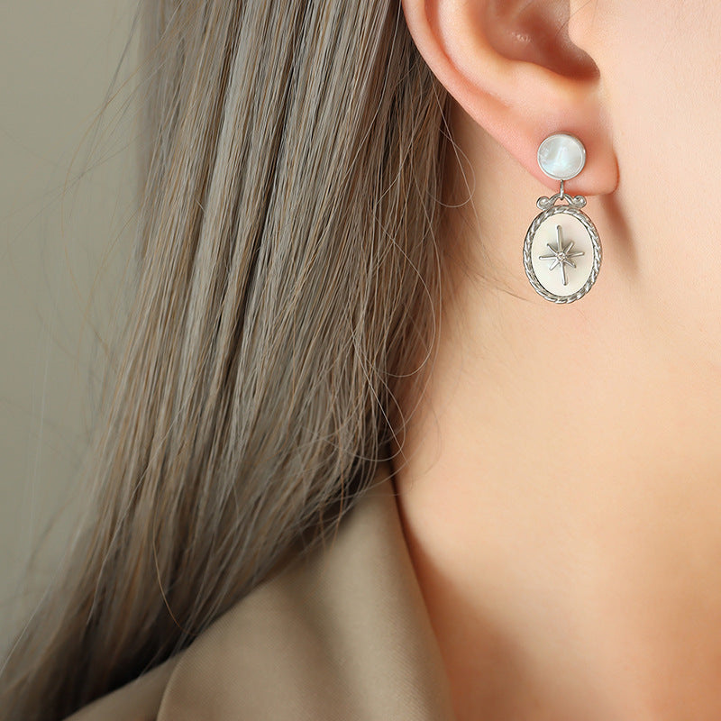 316L Stainless Steel White Mother-of-Pearl Starburst & Zircon Inlaid Pendant Necklace & Stud Earrings - Image 2