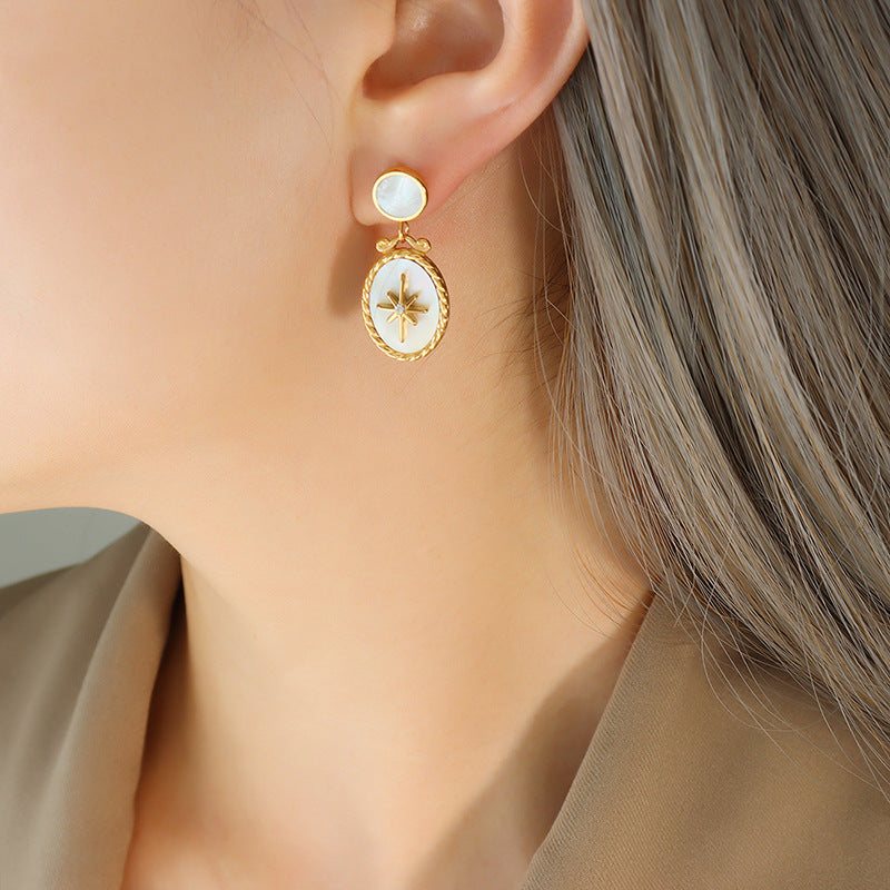 316L Stainless Steel White Mother-of-Pearl Starburst & Zircon Inlaid Pendant Necklace & Stud Earrings - Image 3