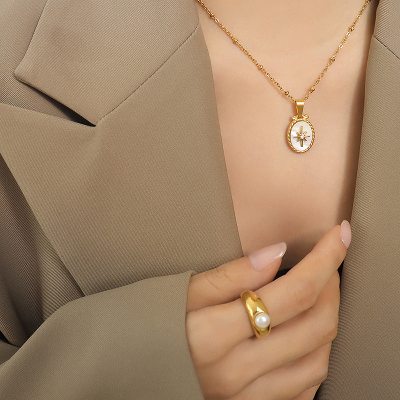 316L Stainless Steel White Mother-of-Pearl Starburst & Zircon Inlaid Pendant Necklace & Stud Earrings - Image 5