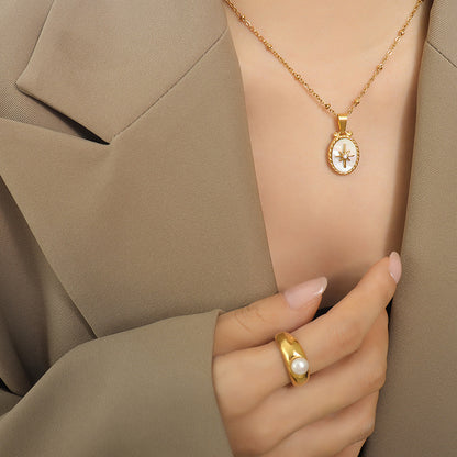 316L Stainless Steel White Mother-of-Pearl Starburst & Zircon Inlaid Pendant Necklace & Stud Earrings - Image 5